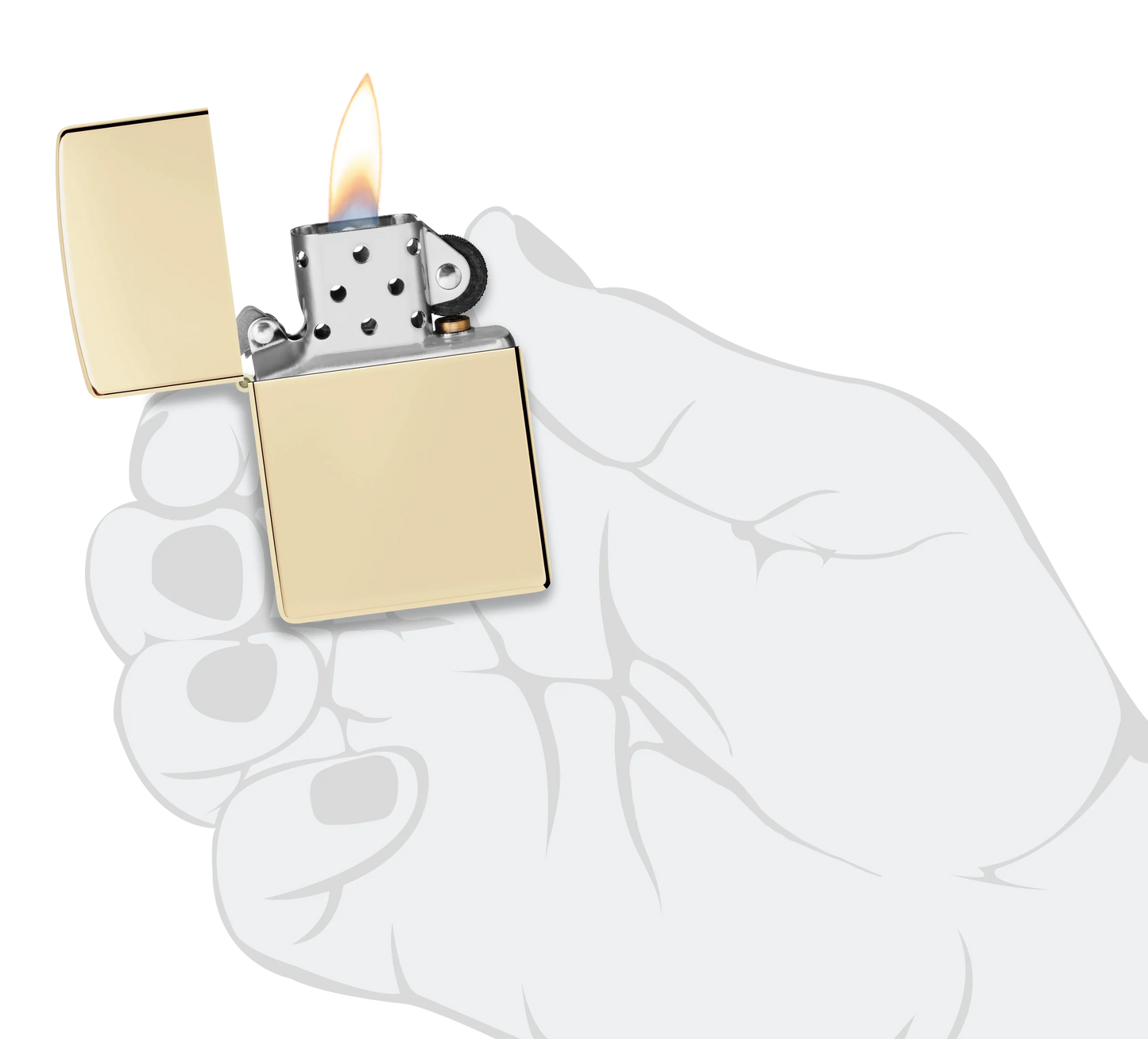 Ein goldfarbenes Zippo-Feuerzeug wird von einer illustrierten Hand gehalten, während die Flamme brennt, vor einem schwarzen Hintergrund.