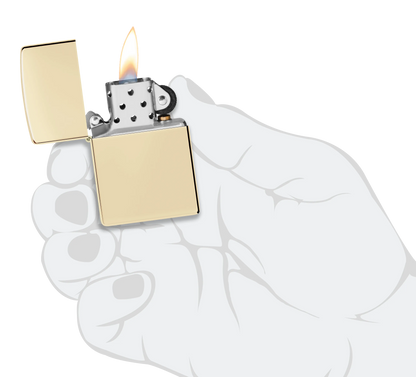 Ein goldfarbenes Zippo-Feuerzeug wird von einer illustrierten Hand gehalten, während die Flamme brennt, vor einem schwarzen Hintergrund.