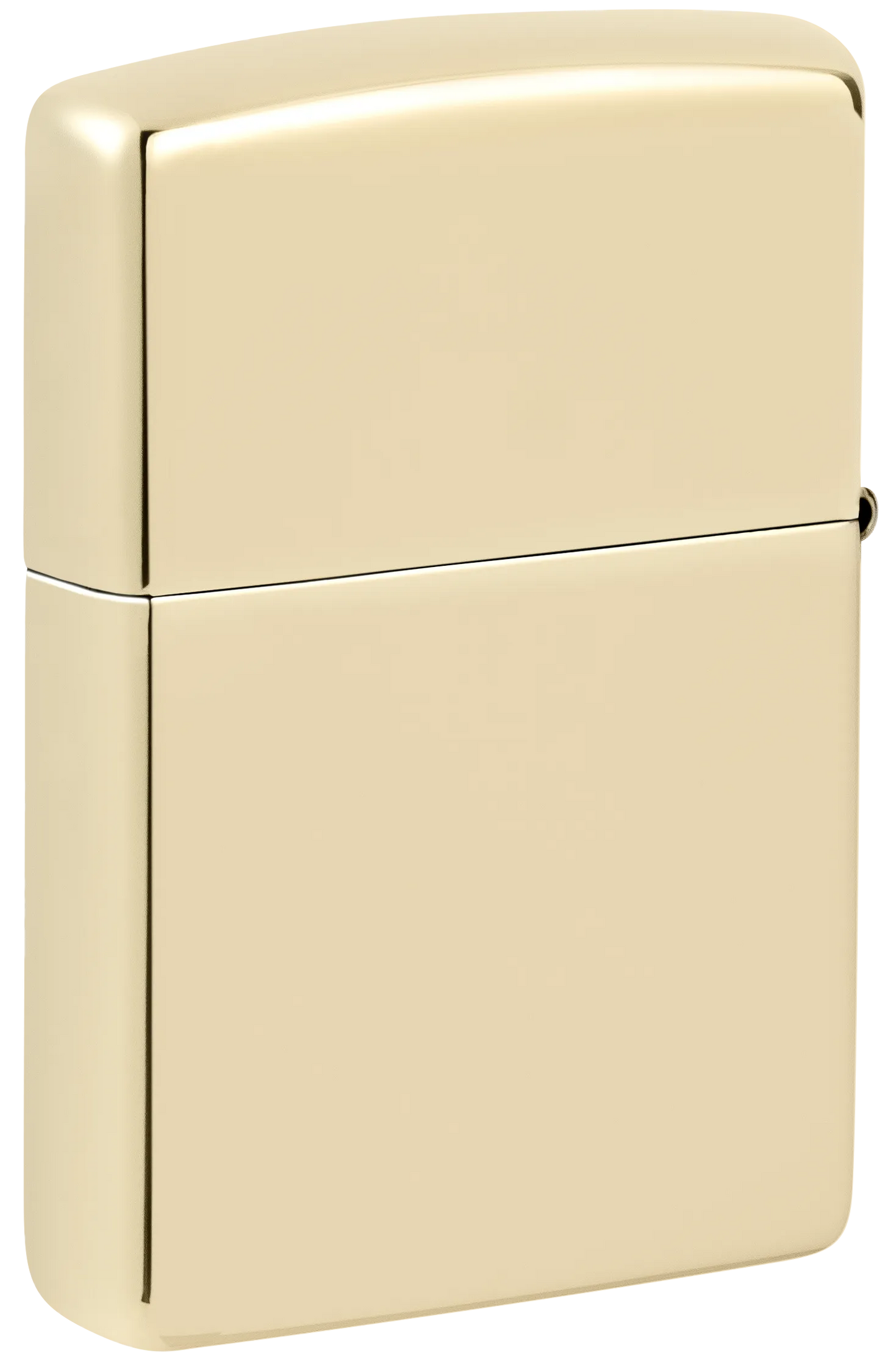 Ein glänzendes, goldfarbenes Zippo-Feuerzeug steht geschlossen im Mittelpunkt, ohne sichtbare Bewegung oder Umgebungselemente.
