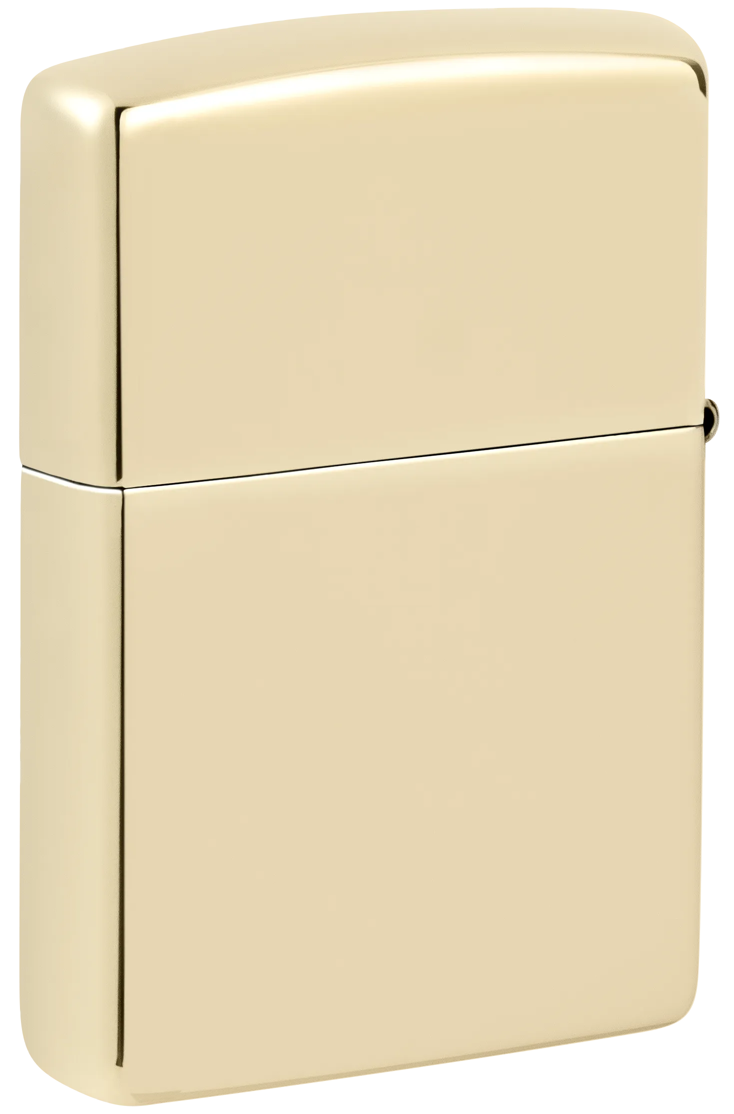 Ein glänzendes, goldfarbenes Zippo-Feuerzeug steht geschlossen im Mittelpunkt, ohne sichtbare Bewegung oder Umgebungselemente.