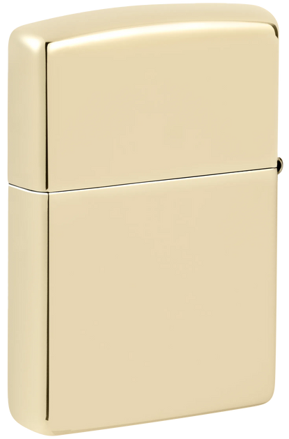 Ein glänzendes, goldfarbenes Zippo-Feuerzeug steht geschlossen im Mittelpunkt, ohne sichtbare Bewegung oder Umgebungselemente.