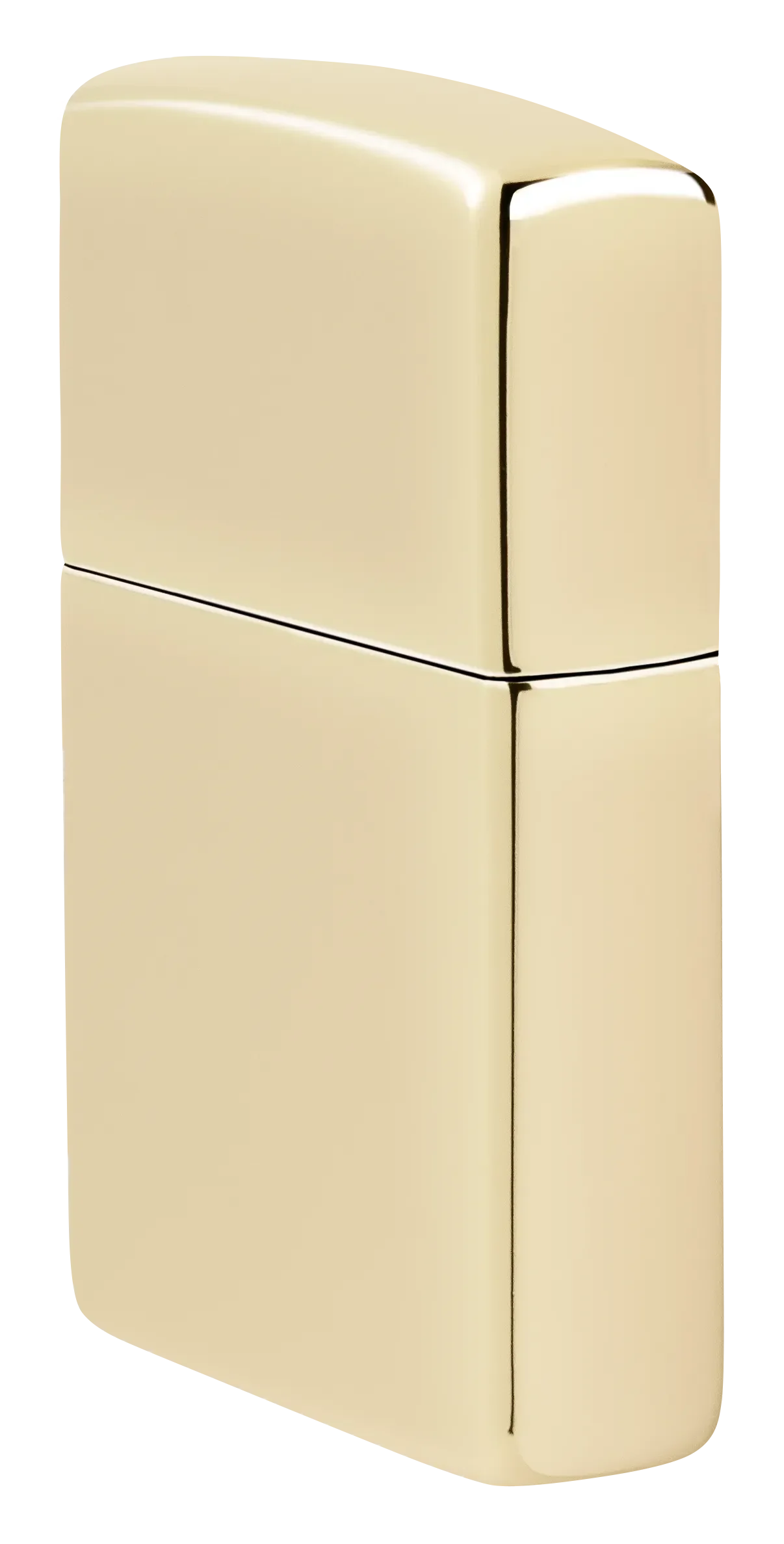 Ein glänzendes, goldfarbenes Zippo-Feuerzeug steht geschlossen, ohne sichtbare Gravur oder Design, vor einem neutralen, weißen Hintergrund.