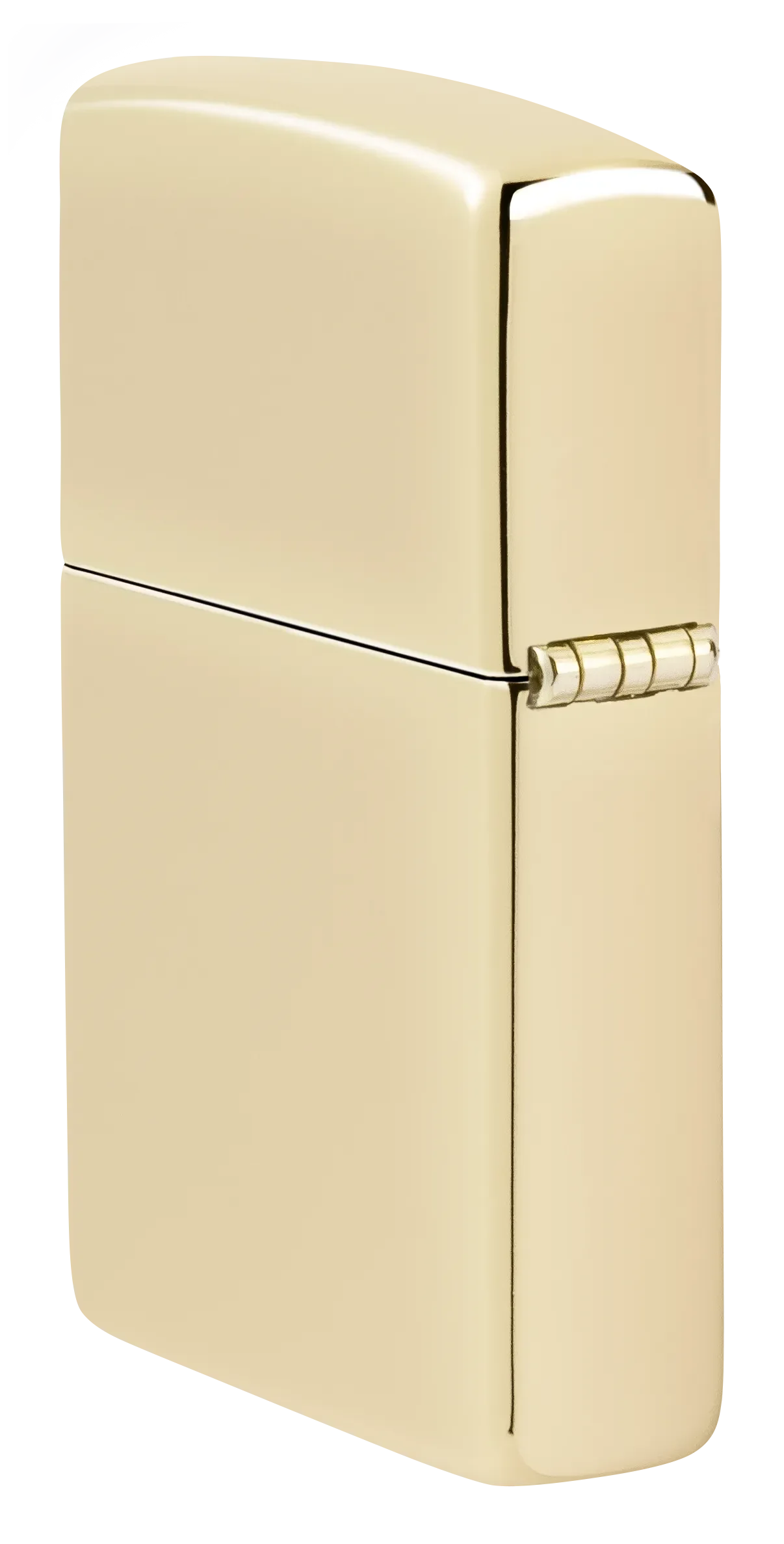 Ein glänzendes, goldenes Zippo-Feuerzeug mit geschlossenem Deckel und metallischem Scharnier steht vor einem weißen Hintergrund.