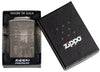 Frontansicht Zippo Feuerzeug Black Ice® mit 360° Abbildung von Big Ben in London in geöffneter Geschenkbox