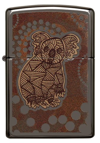 Zippo Feuerzeug Frontansicht Black Ice® mit farbiger Abbildung von einem Koala im Stil der Aborigine Kunst