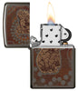 Zippo Feuerzeug Frontansicht Black Ice® geöffnet und angezündet mit farbiger Abbildung von einem Koala im Stil der Aborigine Kunst