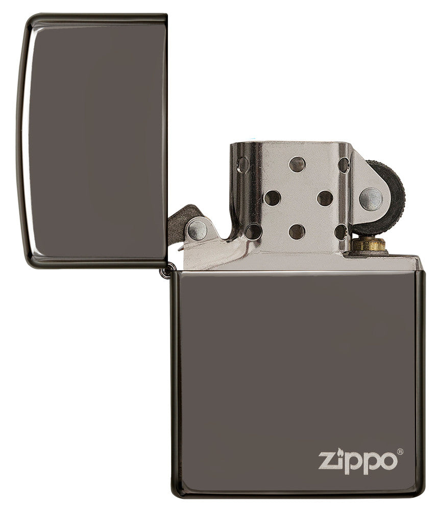Zippo Feuerzeug Frontansicht Black Ice® mit Zippo Logo geöffnet