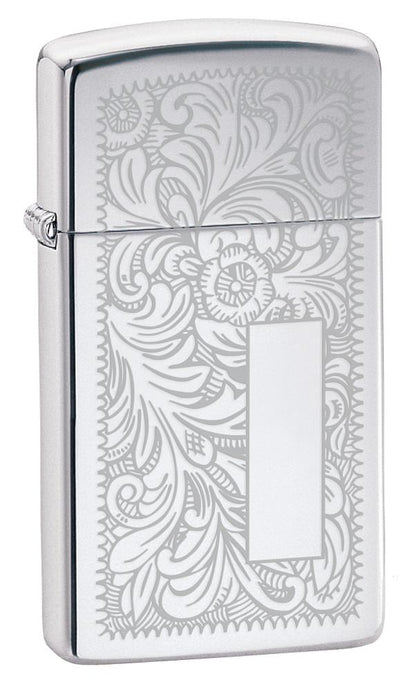 Frontansicht 3/4 Winkel Zippo Feuerzeug Slim Chrome Venezianisches Blumenmuster mit Initialplatte 