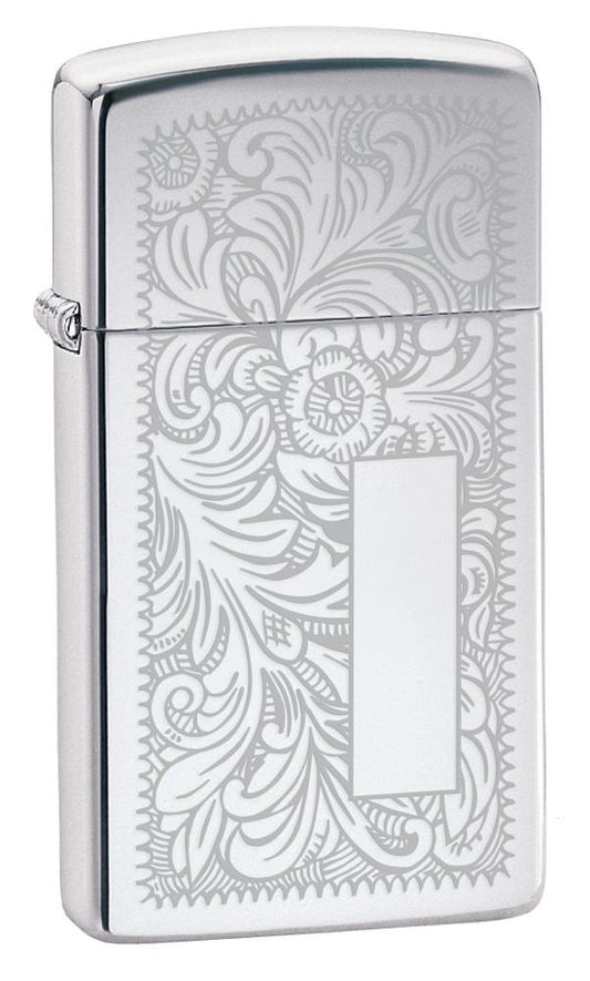 Frontansicht 3/4 Winkel Zippo Feuerzeug Slim Chrome Venezianisches Blumenmuster mit Initialplatte 