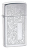 Frontansicht 3/4 Winkel Zippo Feuerzeug Slim Chrome Venezianisches Blumenmuster mit Initialplatte 
