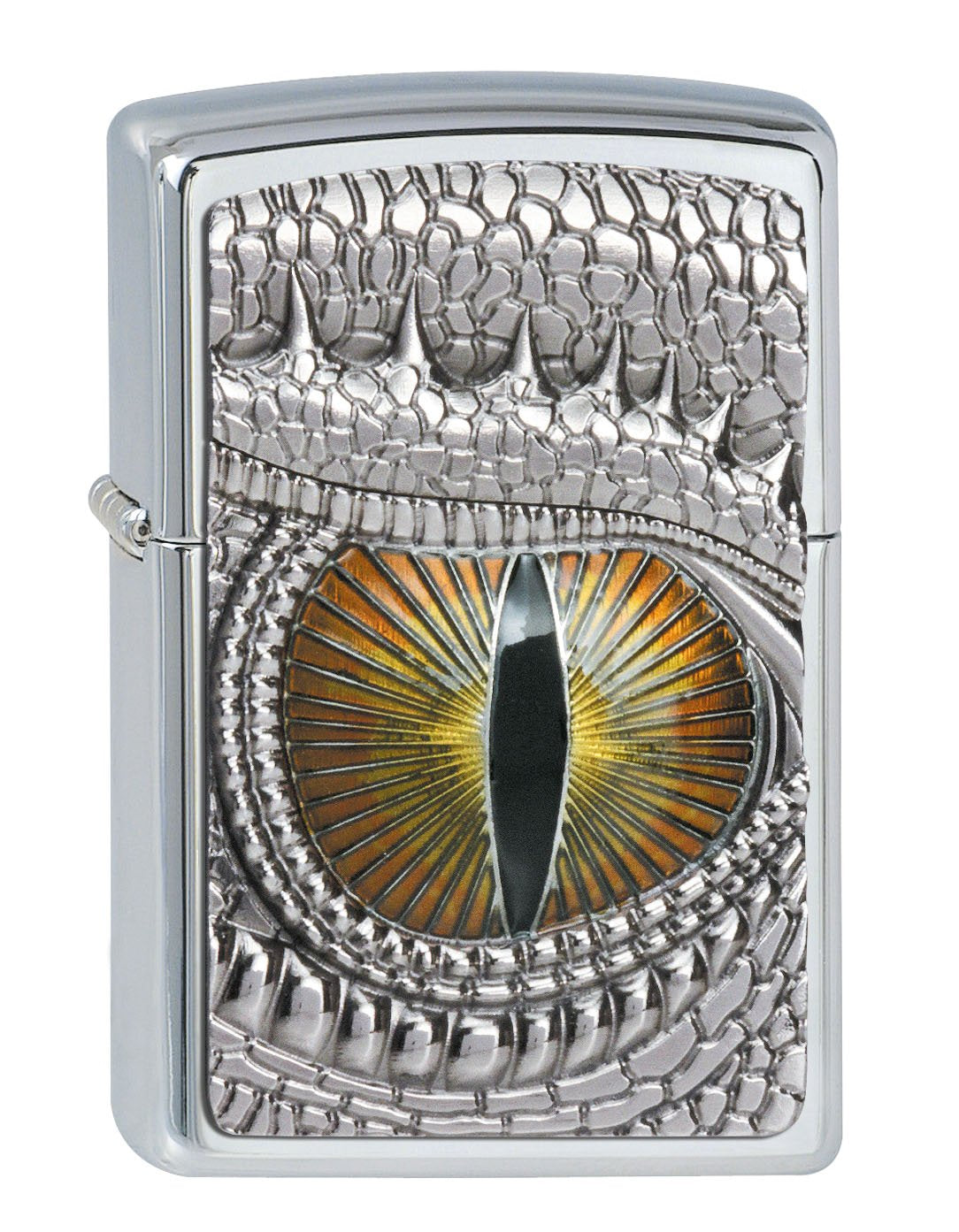 Frontansicht 3/4 Winkel Zippo Feuerzeug hochglanz Chrom geöffnetes Drachenauge