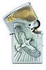 Zippo Feuerzeug Frontansicht halbgeöffnet in gebürstetem Chrom mit Emblem von einem Adler der in Richtung Sonne fliegt