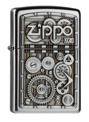 Frontansicht Zippo Feuerzeug chrom Zippo Logo mit vielen Zahnrädern Emblem