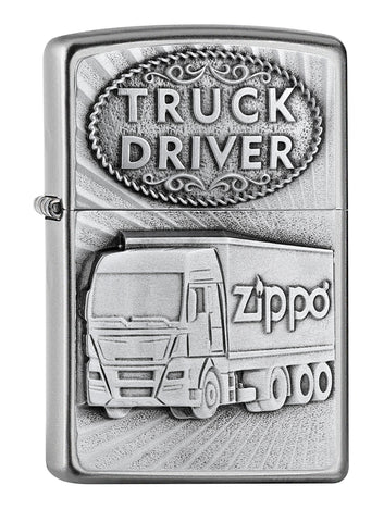 Frontansicht Zippo Feuerzeug chrom mit Zippo LKW