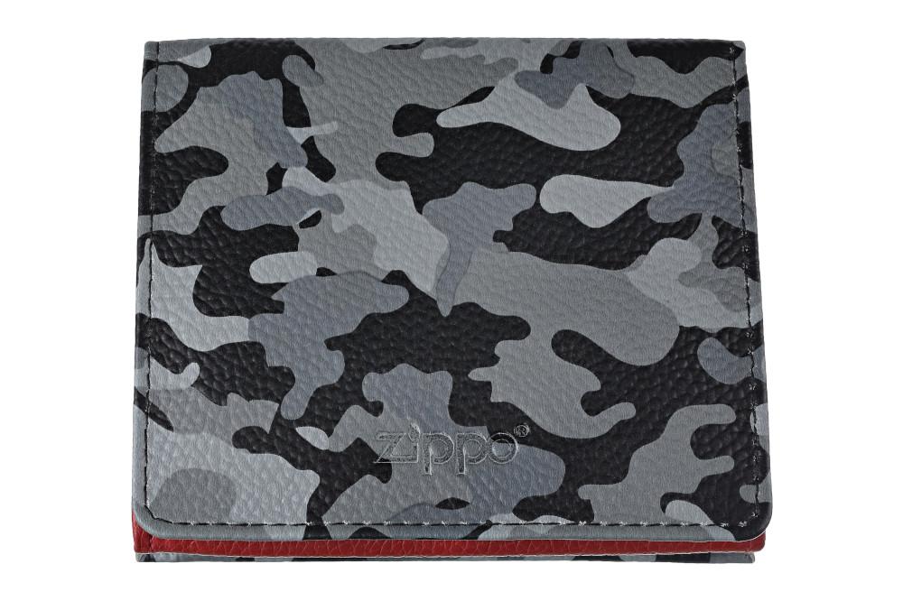 Zippo Geldbörse Frontansicht aus Nappaleder in grauer Tarnmuster Optik mit Zippo Logo