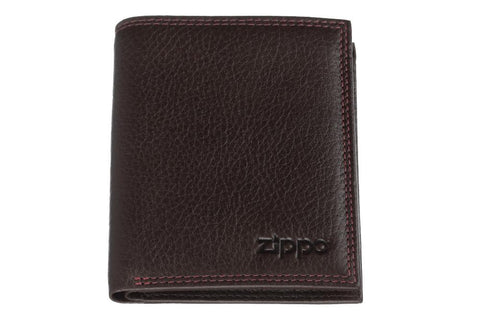 Frontansicht Zippo Portemonnaie Leder braun geschlossen mit Zippo Logo