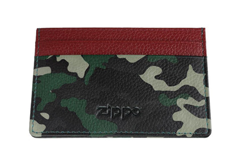 Frontansicht Kartenhalter Cameo grün Muster und roter Oberseite mit Zippo Logo