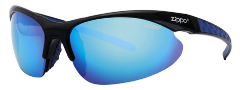 Frontansicht 3/4 Winkel Zippo Sonnenbrille Sportbrille schwarz mit halbem Rand, blaue Gläser