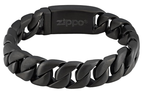 Frontansicht Zippo Armband Edelstahl schwarz mit dicken Gliedern und Zippo Logo innen am Verschluss