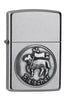 Frontansicht 3/4 Winkel Zippo Feuerzeug chrom Zunftzeichen Fleischer Emblem