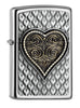 Frontansicht 3/4 Winkel Zippo Feuerzeug Herz Spielkarte Emblem