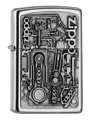 Frontansicht 3/4 Winkel Zippo Feuerzeug Motorteile Emblem