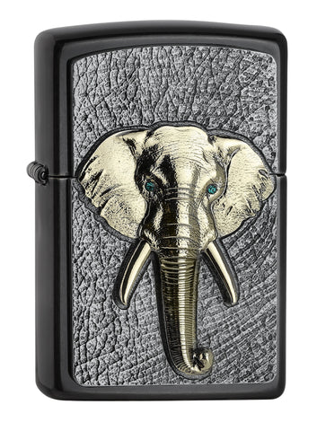 Frontansicht 3/4 Winkel Zippo Feuerzeug Elefantenkopf gold mit grünen Augen aus Kristall Elementen