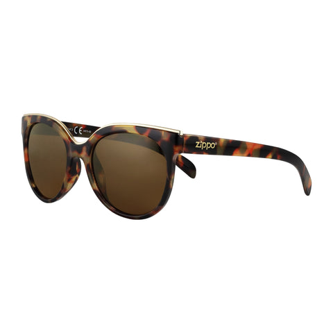 Vue de face 3/4 lunettes de soleil Zippo marrons avec application argentée en haut des branches
