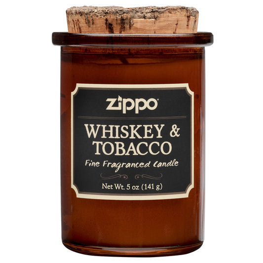 Frontansicht Zippo Kerze Whiskey und Tobacco braun mit Deckel aus Kork