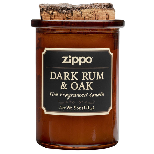 Frontansicht Zippo Kerze Dark Rum und Oak braun mit Deckel aus Kork