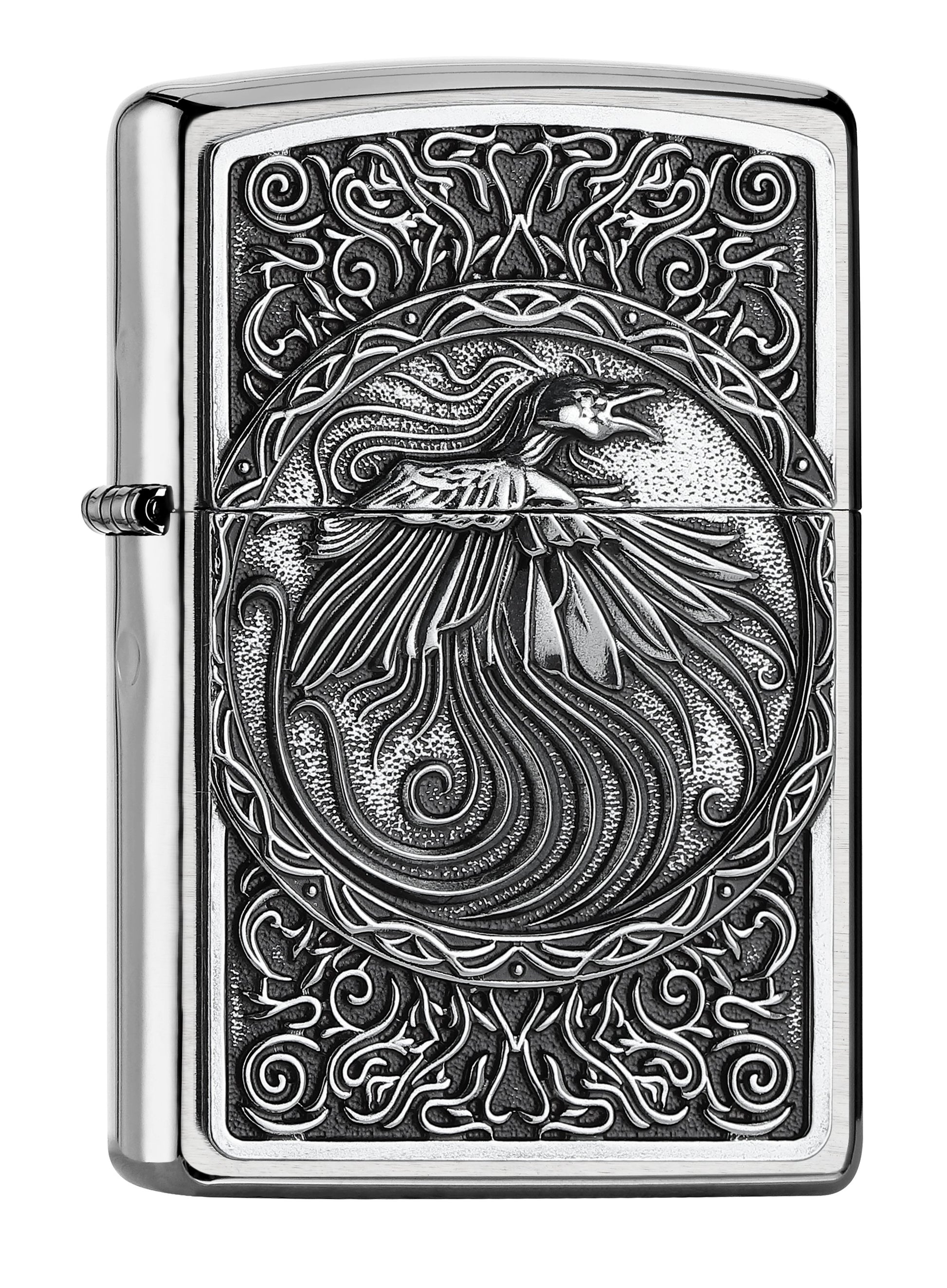 Frontansicht 3/4 Winkel Zippo Feuerzeug chrom Phönix Vogel im Kreis umgeben von Schnörkeln