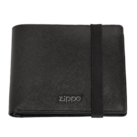 Zippo Portmonee aus Saffiano Leder mit Zippo Logo Frontansicht mit Gummiverschluss