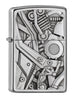 Frontansicht 3/4 Winkel Zippo Feuerzeug Street Chrome mit Motorrad Motor Innenleben Emblem