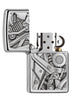 Frontansicht Zippo Feuerzeug Street Chrome mit Motorrad Motor Innenleben Emblem geöffnet