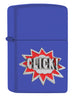 Zippo Feuerzeug Frontansicht ¾ Winkel königsblau matt mit Click Schriftzug in silbern und rot als Emblem