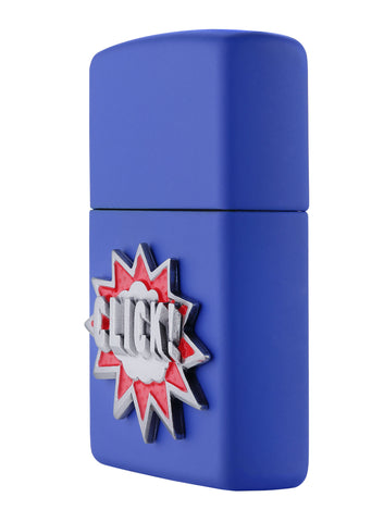 Zippo Feuerzeug Seitenansicht ¾ Winkel königsblau matt mit Click Schriftzug in silbern und rot als Emblem