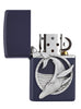 Zippo Feuerzeug Frontansicht dunkelblau matt geöffnet mit Blauwal Emblem in silber
