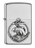 Frontansicht 3/4 Winkel Zippo Feuerzeug Satin Chrome Emblem mit Hai und Anker