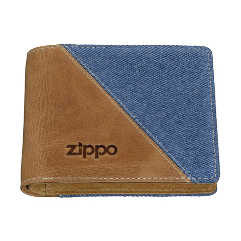 Zippo Portemonnaie Frontansicht aus Jeansstoff und hellem Leder mit Zippo Logo