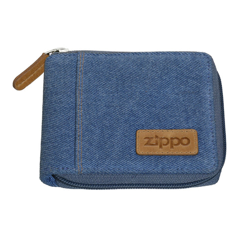 Zippo Querformatige Bi-Fold Zipper Geldbörse aus Jeansstoff und Leder mit Zippo Logo