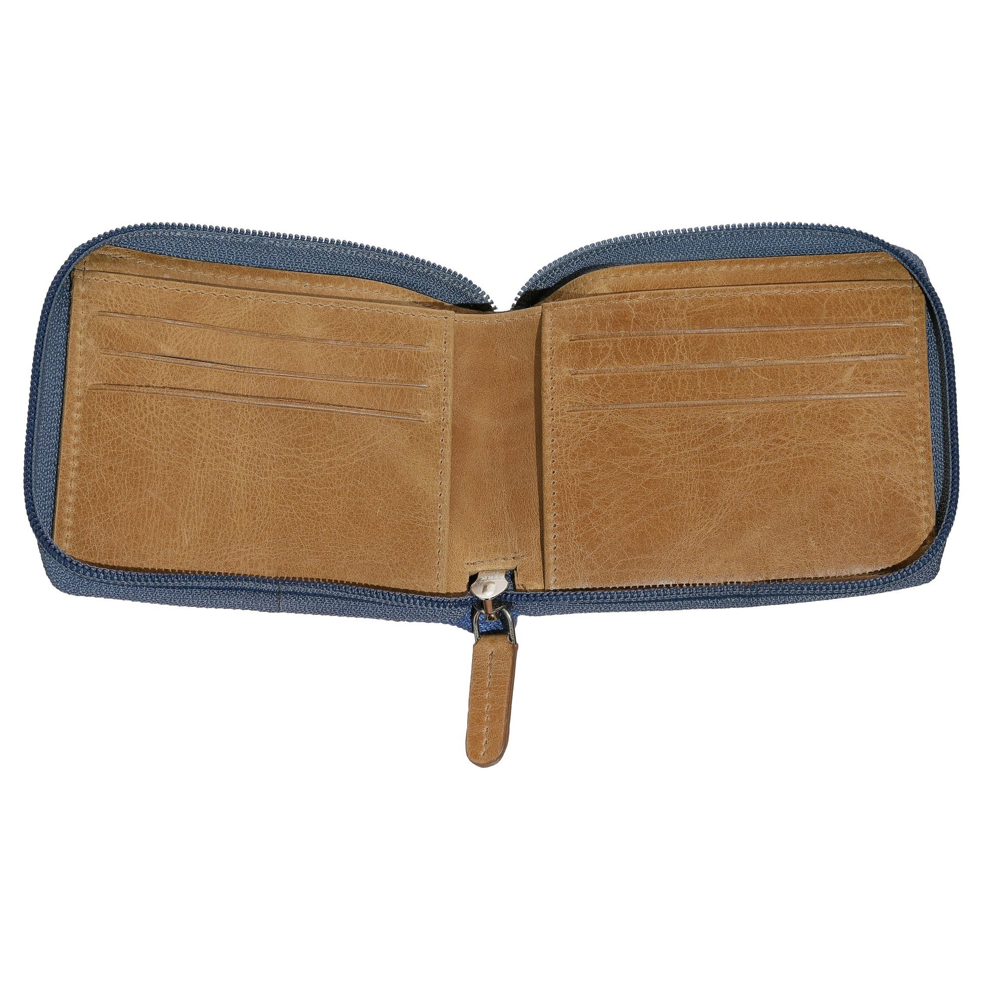 Innenseite Zippo Querformatige Bi-Fold Zipper Geldbörse aus Jeansstoff und Leder