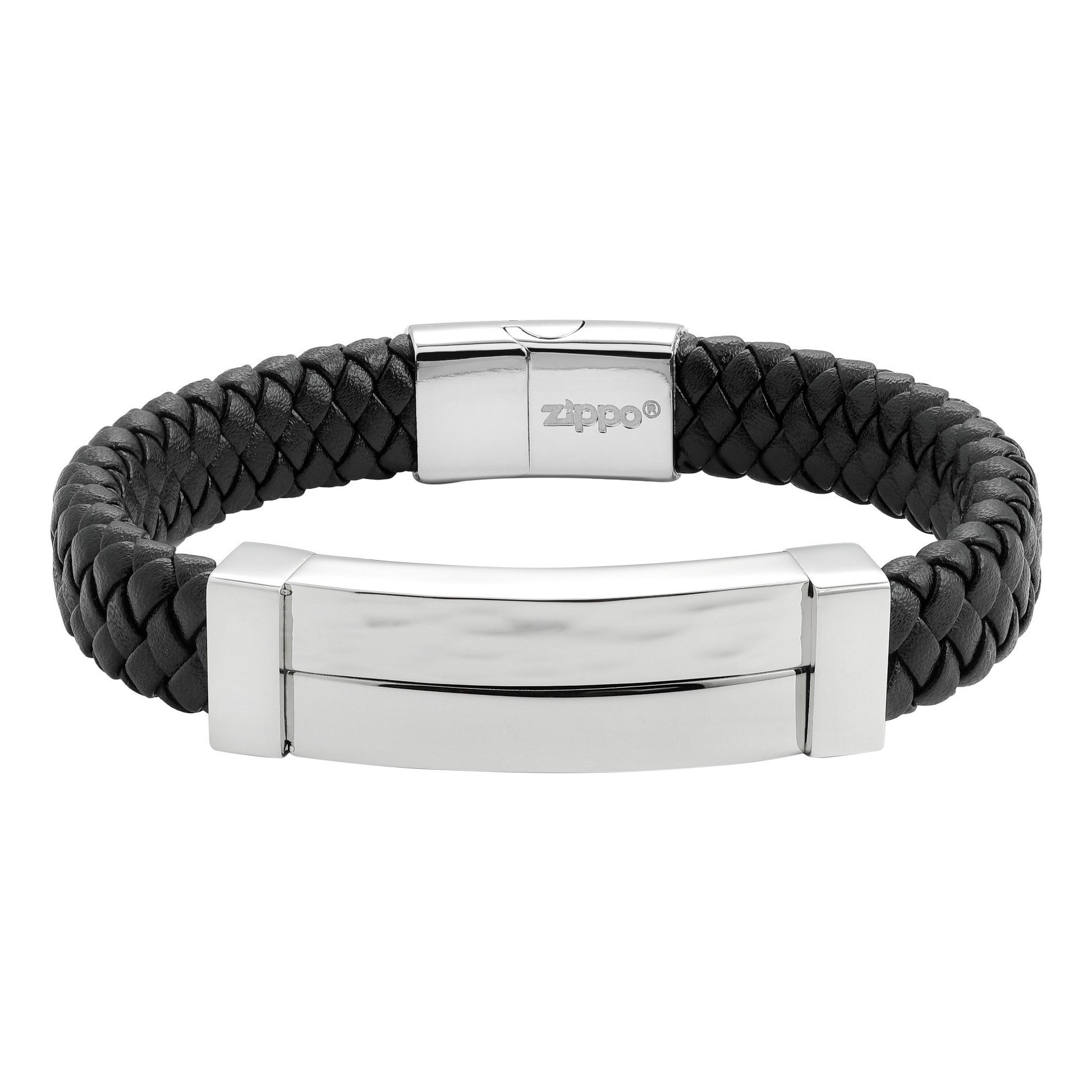 Frontansicht Zippo Armband aus Leder mit Edelstahlschließe und Zippo Logo