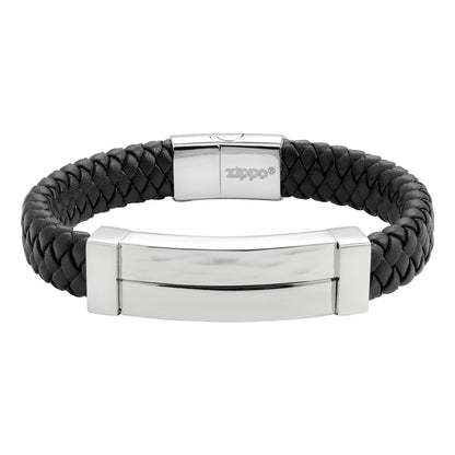 Frontansicht Zippo Armband aus Leder mit Edelstahlschließe und Zippo Logo
