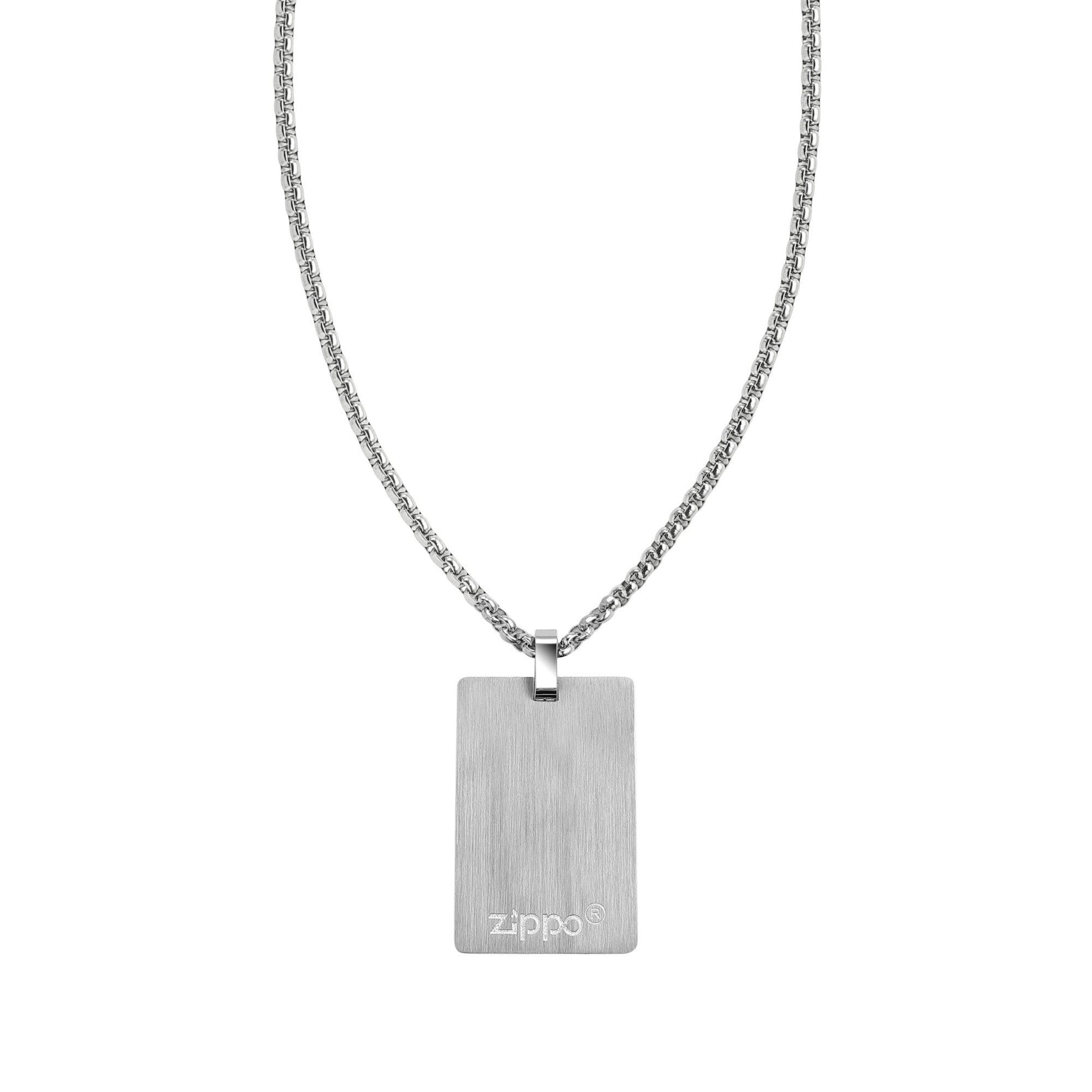 Detailansicht hinten Zippo Halskette mit quadratischem Anhänger im Dogtag Stil aus Edelstahl und Zippo Logo