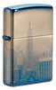 Frontansicht 3/4 Winkel Zippo Feuerzeug 360 Grad poliert blau mit New York Skyline Empire State Building Online Only