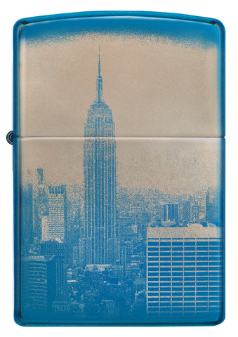 Frontansicht Zippo Feuerzeug 360 Grad poliert blau mit New York Skyline Empire State Building Online Only