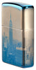 Seitenansicht vorne 3/4 Winkel Zippo Feuerzeug 360 Grad poliert blau mit New York Skyline Empire State Building Online Only