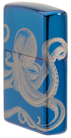 Seitenansicht Vorderseite Zippo Feuerzeug Hochglanz Blau 360 Grad Design mit Oktopus Online Only