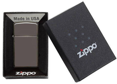 Frontansicht Zippo Feuerzeug Slim Black Ice Basismodell in geöffneter Geschenkverpackung