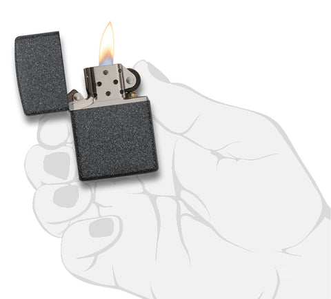Zippo Feuerzeug Basismodell Iron Stone grau geöffnet mit Flamme in stilisierter Hand